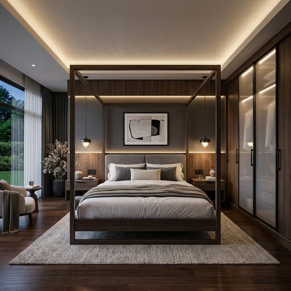 Modern canopy bed master bedroom with sliding wardrobe by Grains Home Pakistan
