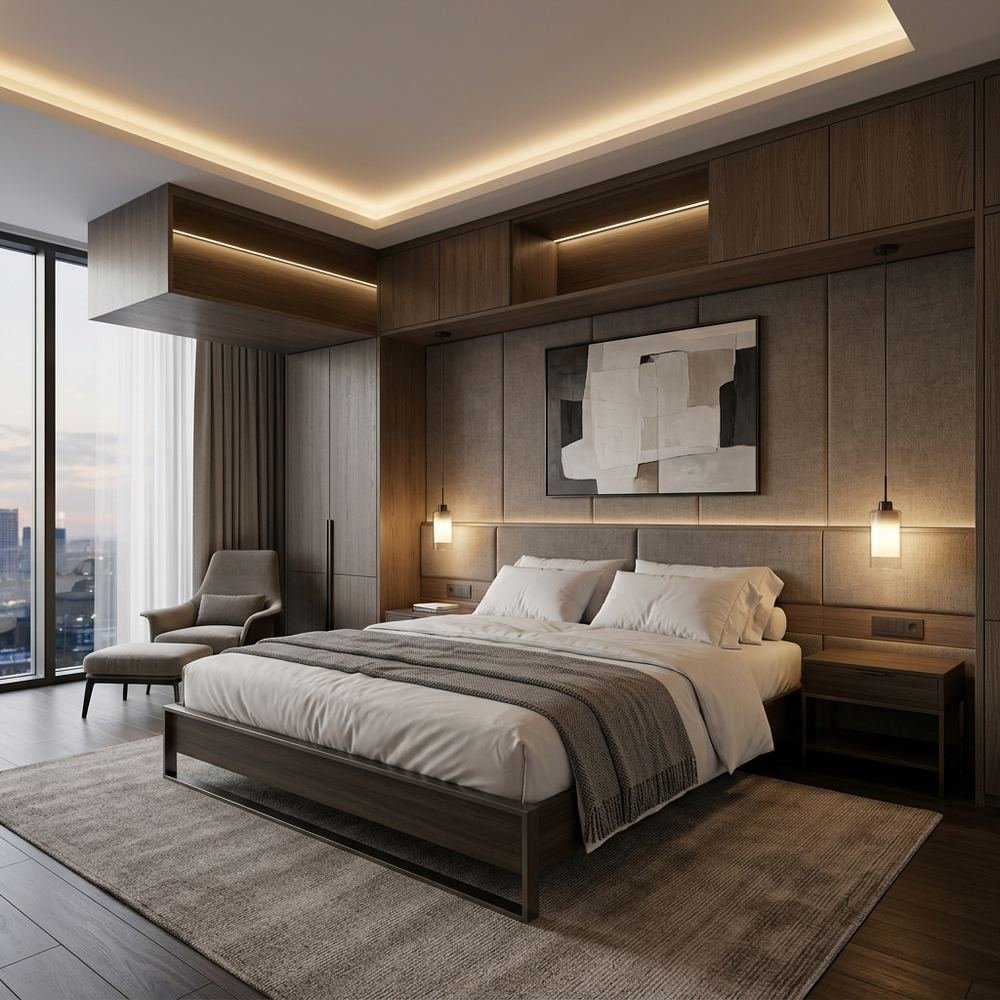 Modern king size master bedroom with loft storage modern by Grains Home Pakistan