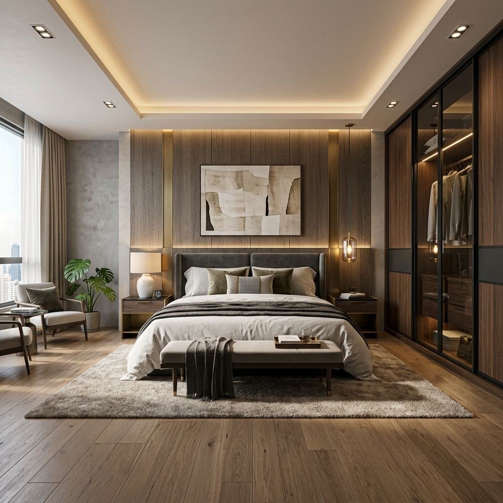 Modern king size master bedroom with sliding wardrobe by Grains Home Pakistan