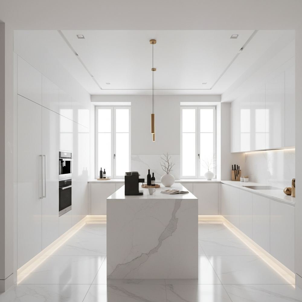 White modern u shaped kitchen design with high gloss by Grains Pakistan