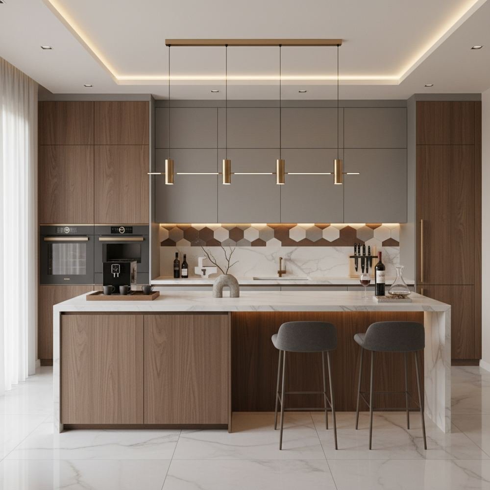 Walnut and grey modern l shape kitchen design with matte by Grains Pakistan