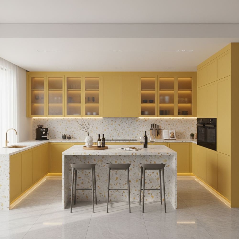 Yellow modern u shaped kitchen design with terrazzo by Grains Pakistan