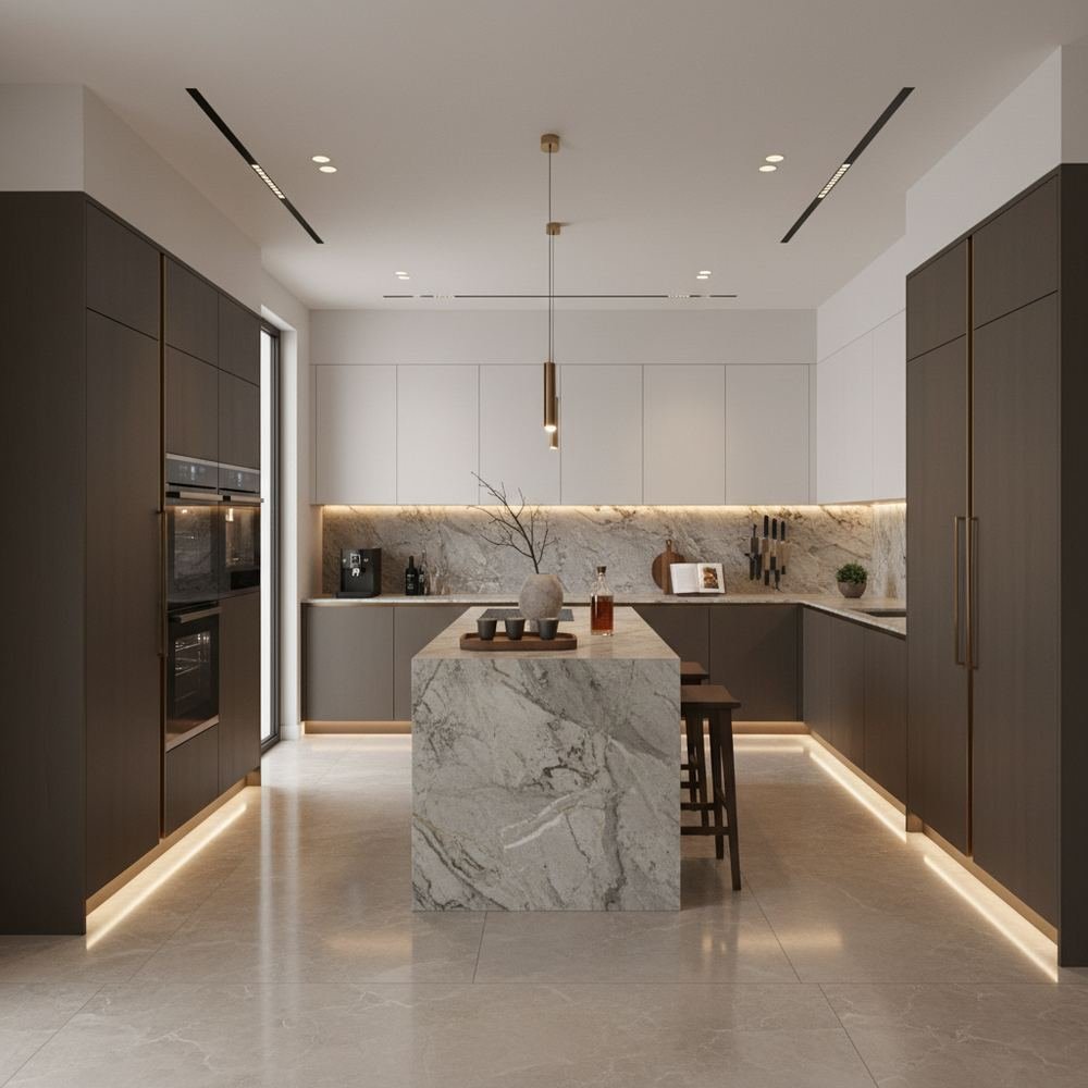 Walnut bronze white modern parallel kitchen design with by Grains Pakistan