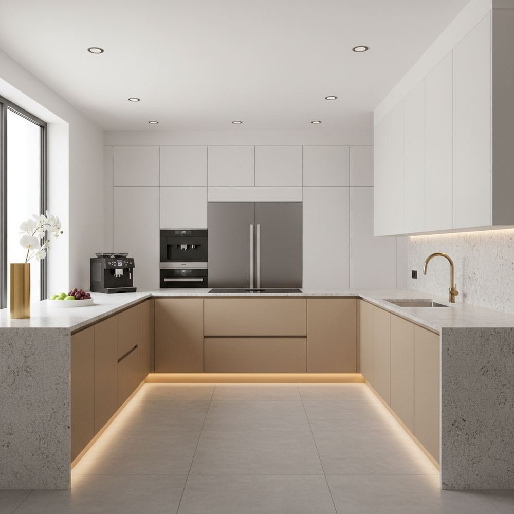 White and sandy fossil modern u shaped kitchen design by Grains Pakistan
