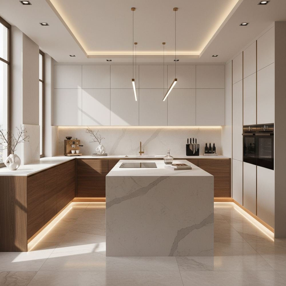 Tahiti samoa teak frosty white modern u shaped kitchen by Grains Pakistan