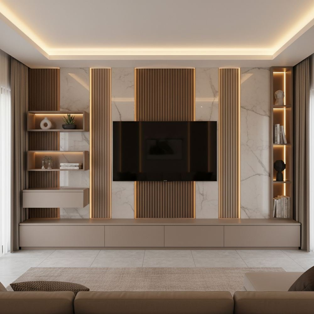 Contemporary brown and champagne floor standing tv unit by Grains Home Pakistan
