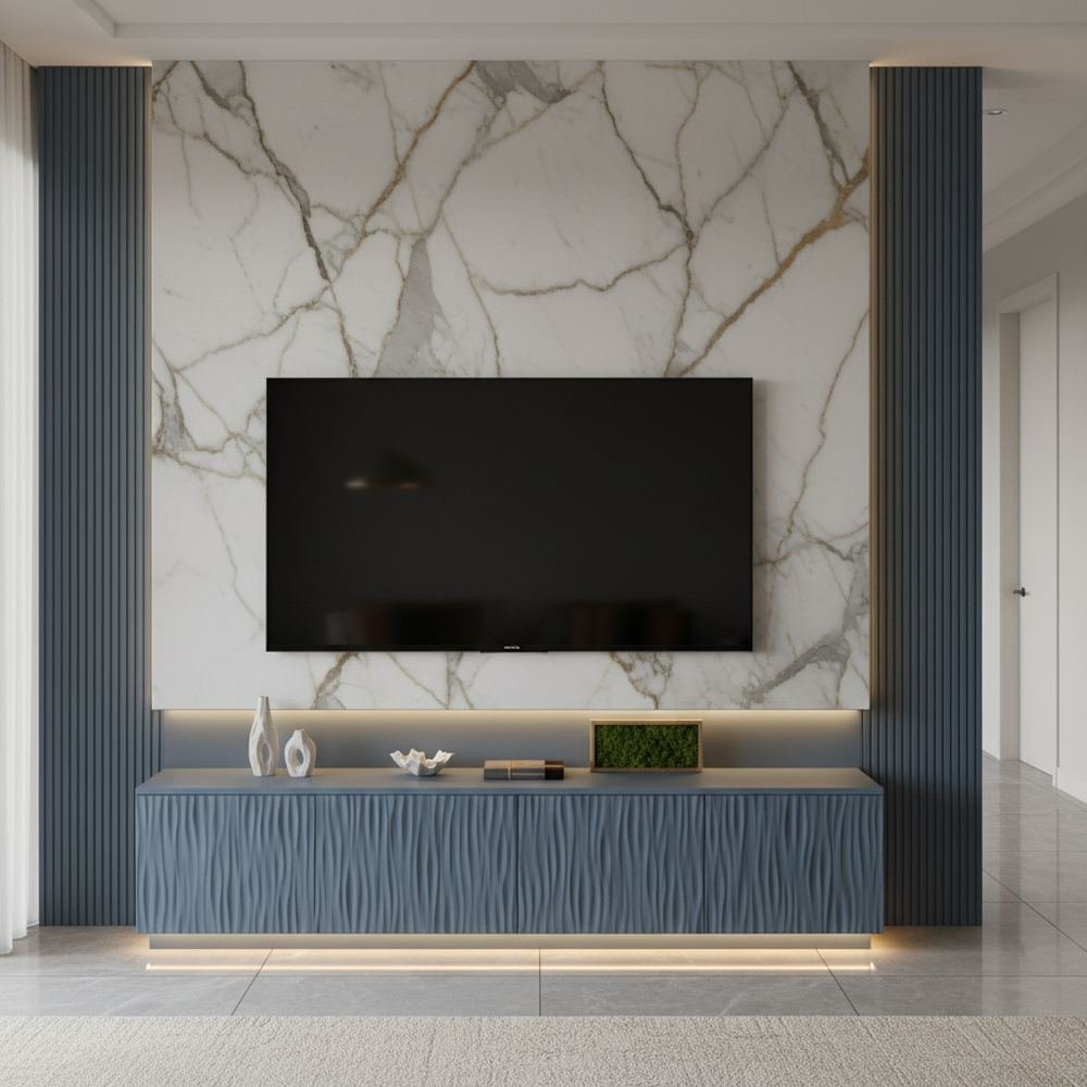 Modern wave blue floor standing tv unit design by Grains Home Pakistan