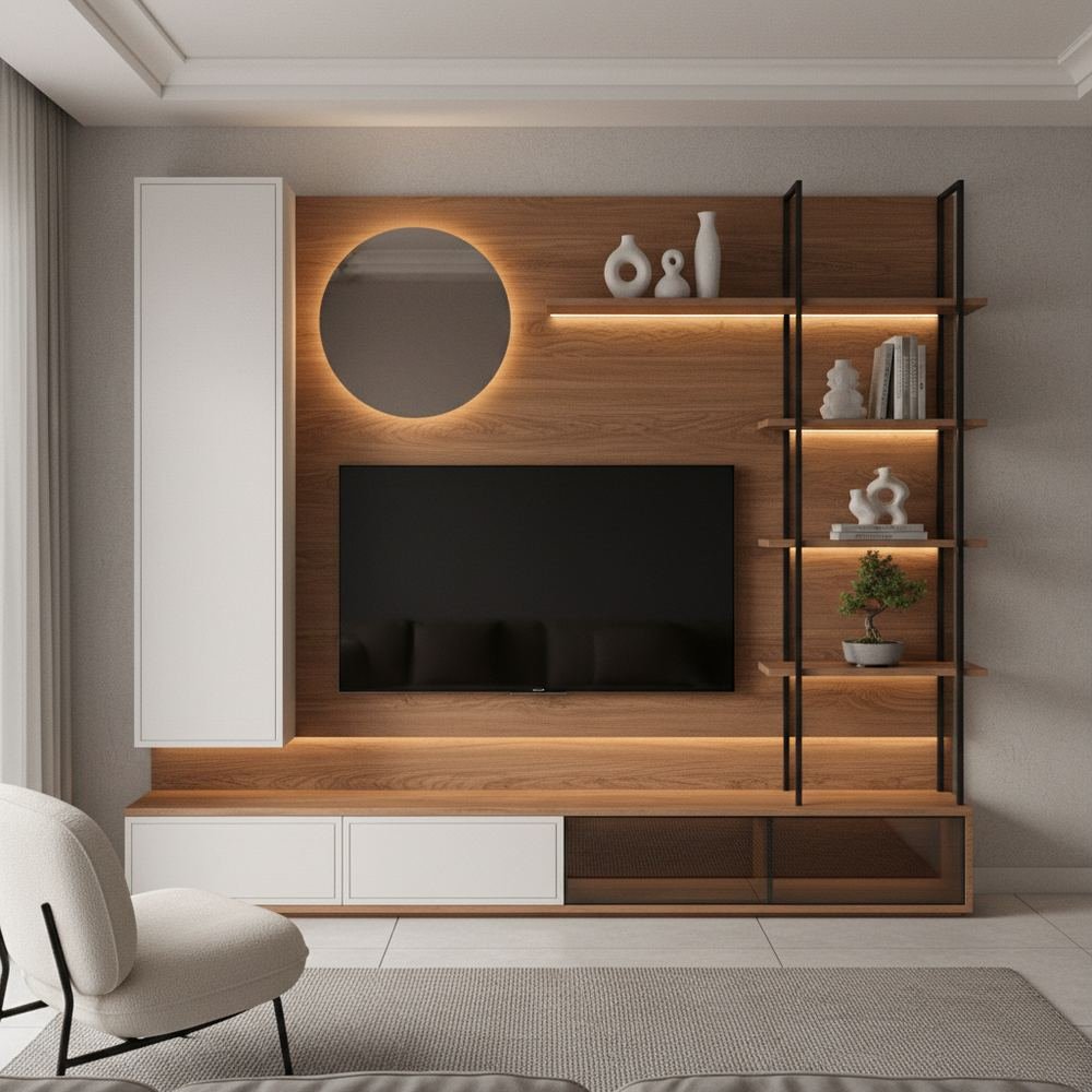 Contemporary white and acacia floor standing tv unit by Grains Home Pakistan