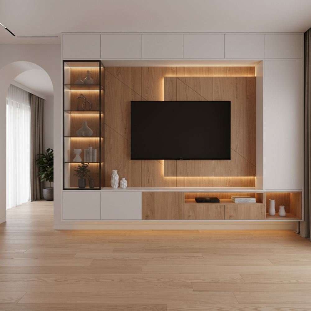 Modern white and acacia floating tv unit design by Grains Home Pakistan