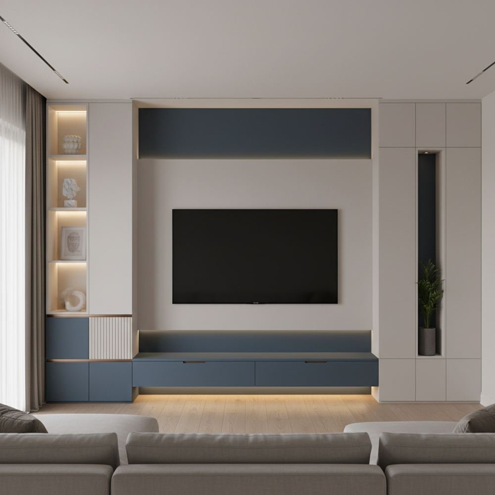 Modern white and blue floor standing tv unit design by Grains Home Pakistan
