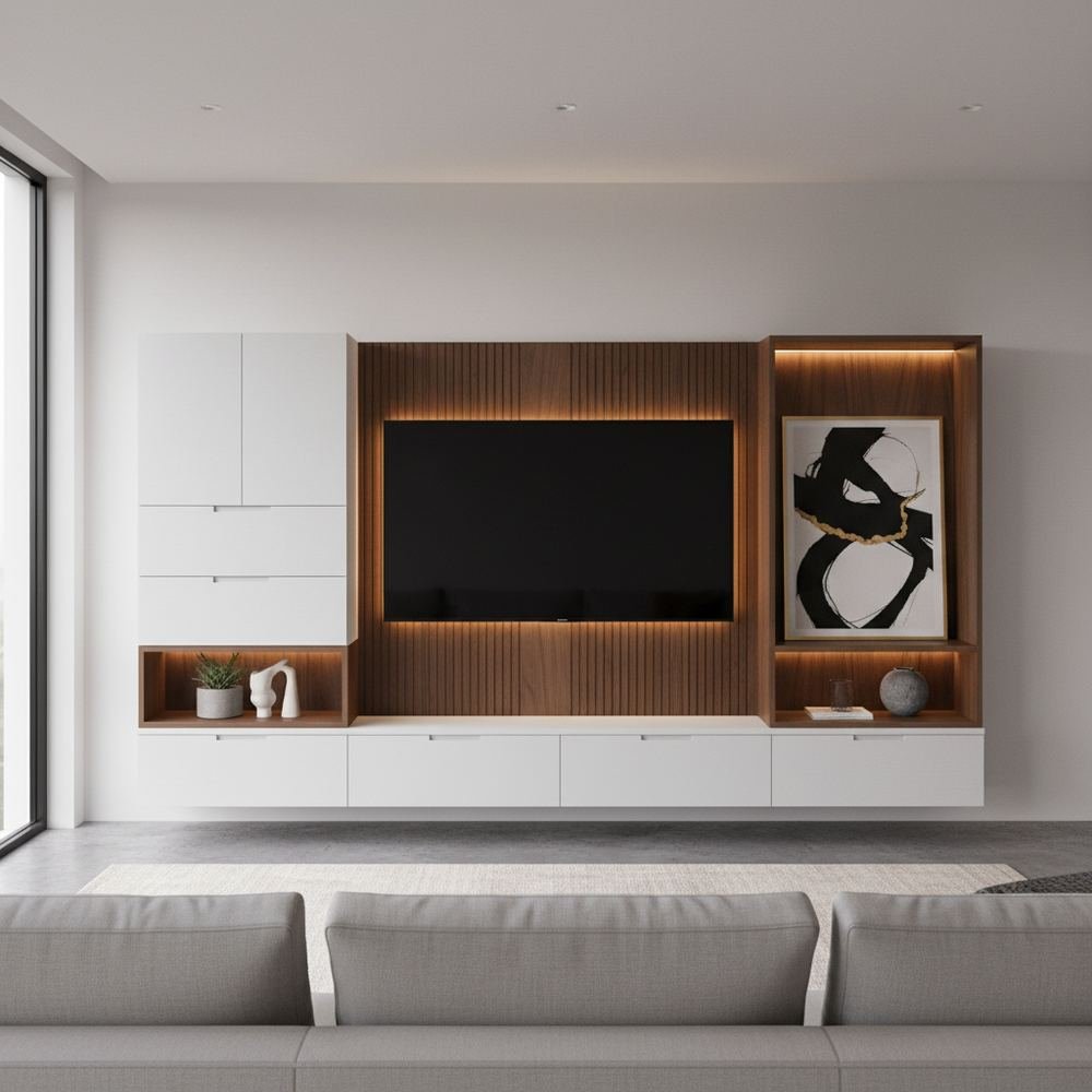 Contemporary white and brown floor standing tv unit design by Grains Home Pakistan
