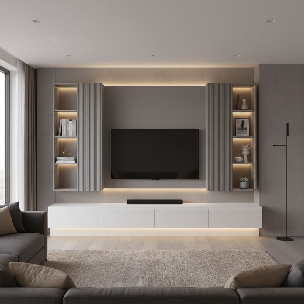 Contemporary white and grey floor standing tv unit design by Grains Home Pakistan