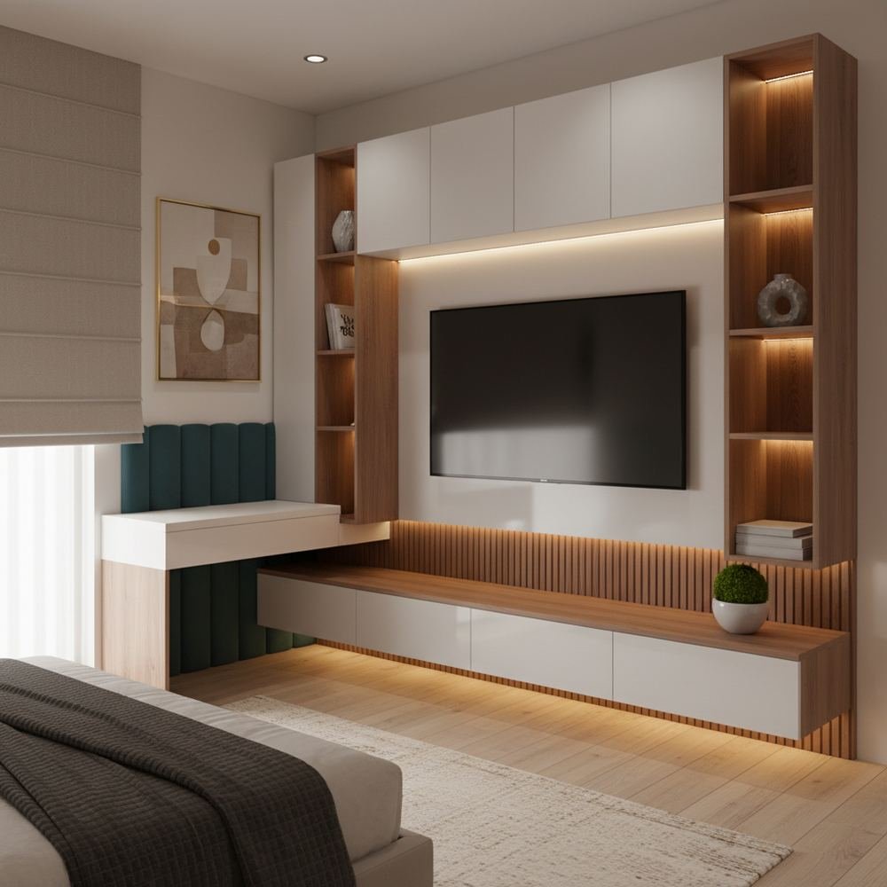 Contemporary white and walnut wall mounted floating tv by Grains Home Pakistan