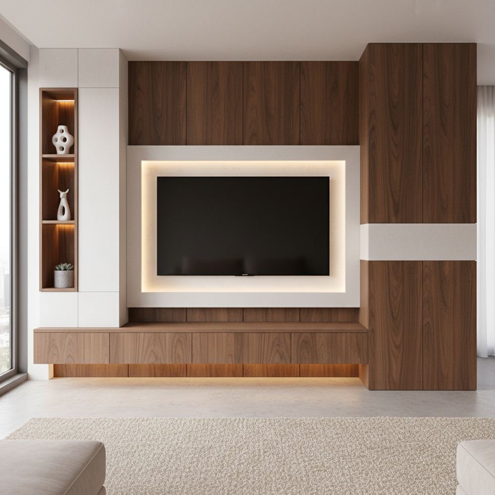 Contemporary white and walnut floor standing tv unit by Grains Home Pakistan