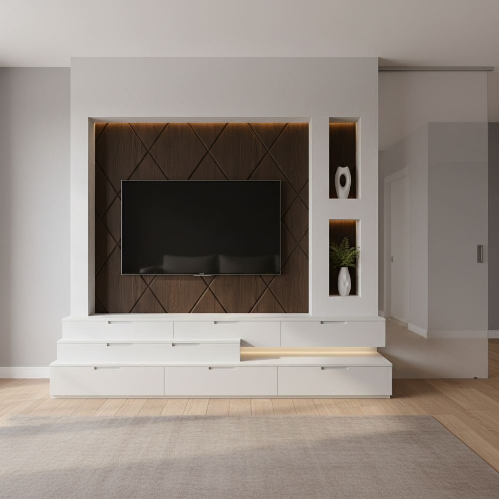 Modern white and wood floor mounted tv unit design by Grains Home Pakistan