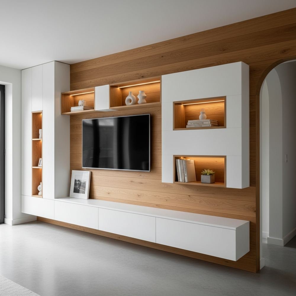 Modern white and wood floor standing tv unit by Grains Home Pakistan