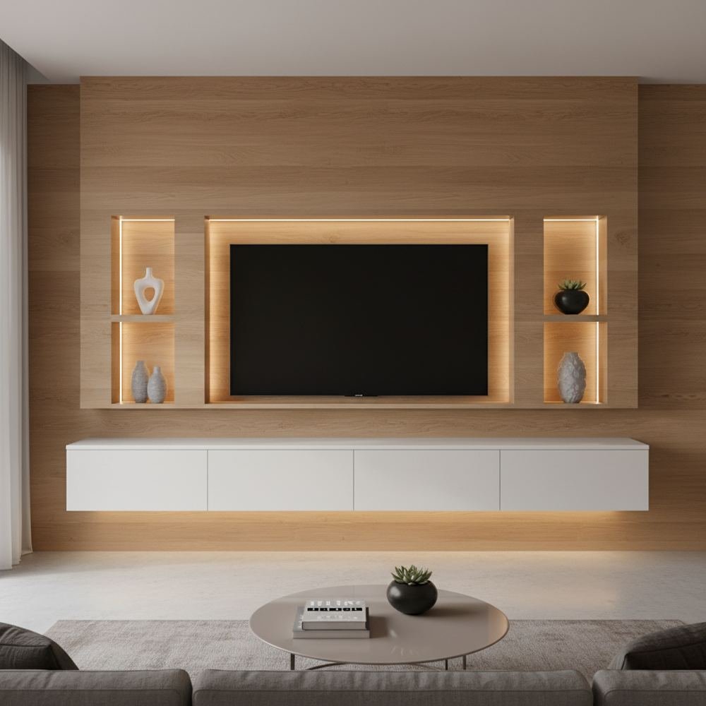 Modern white and wooden floating tv unit design by Grains Home Pakistan
