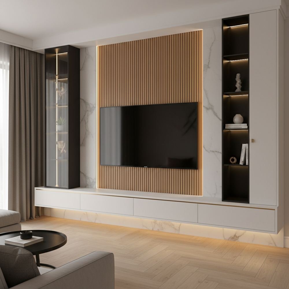Modern white black and acacia wall mounted floating tv by Grains Home Pakistan