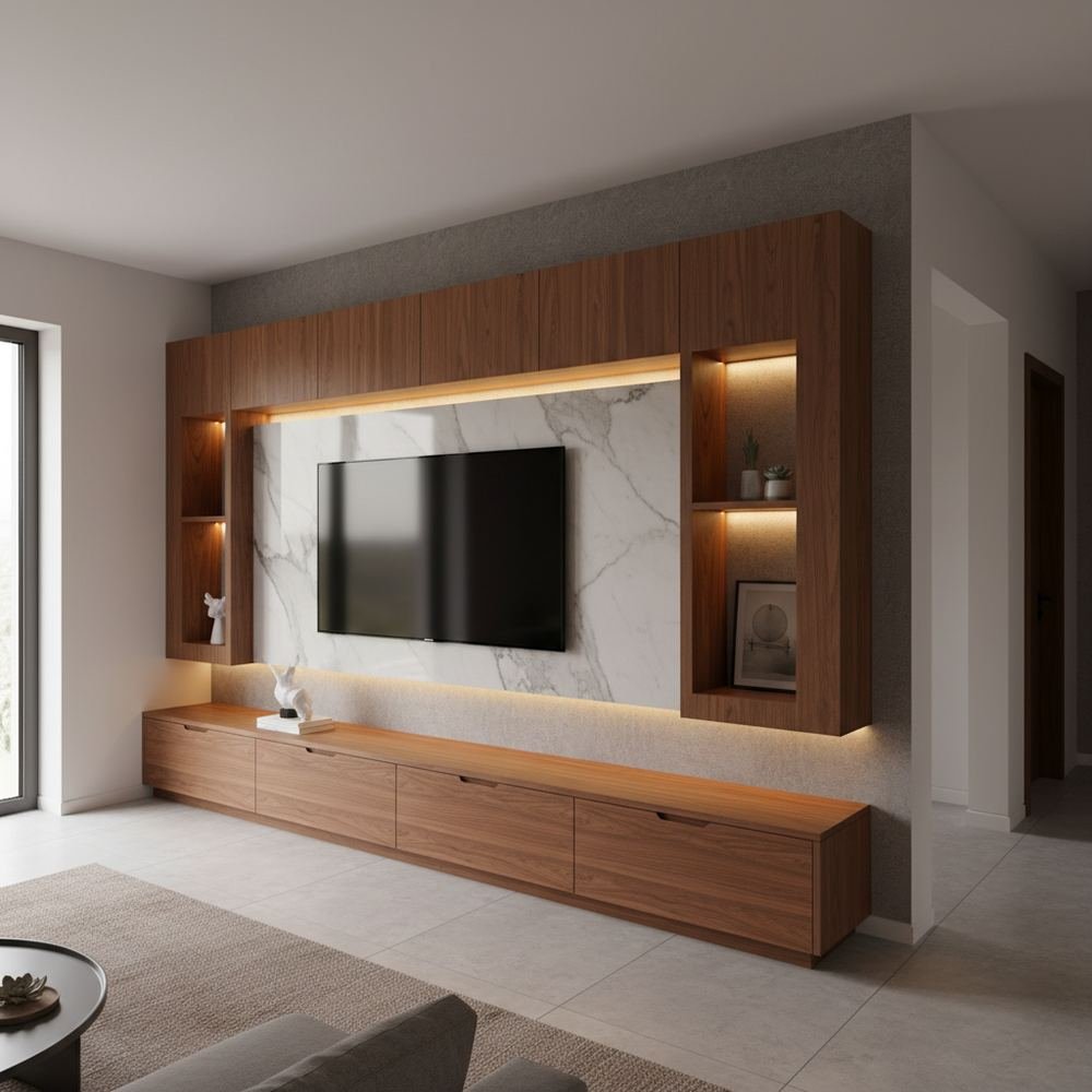 Modern teak veneer wall mounted tv unit with led by Grains Home Pakistan