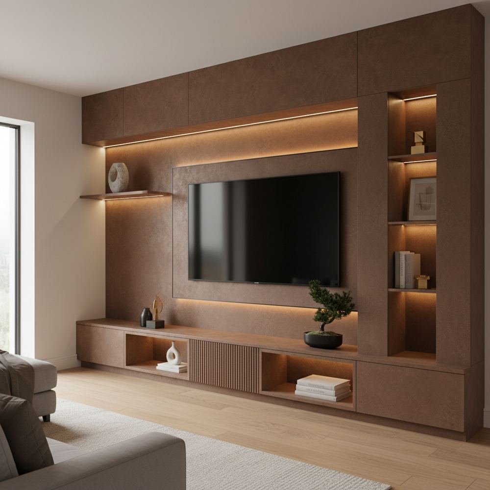 Modern walnut bronze floor standing tv unit with suede by Grains Home Pakistan