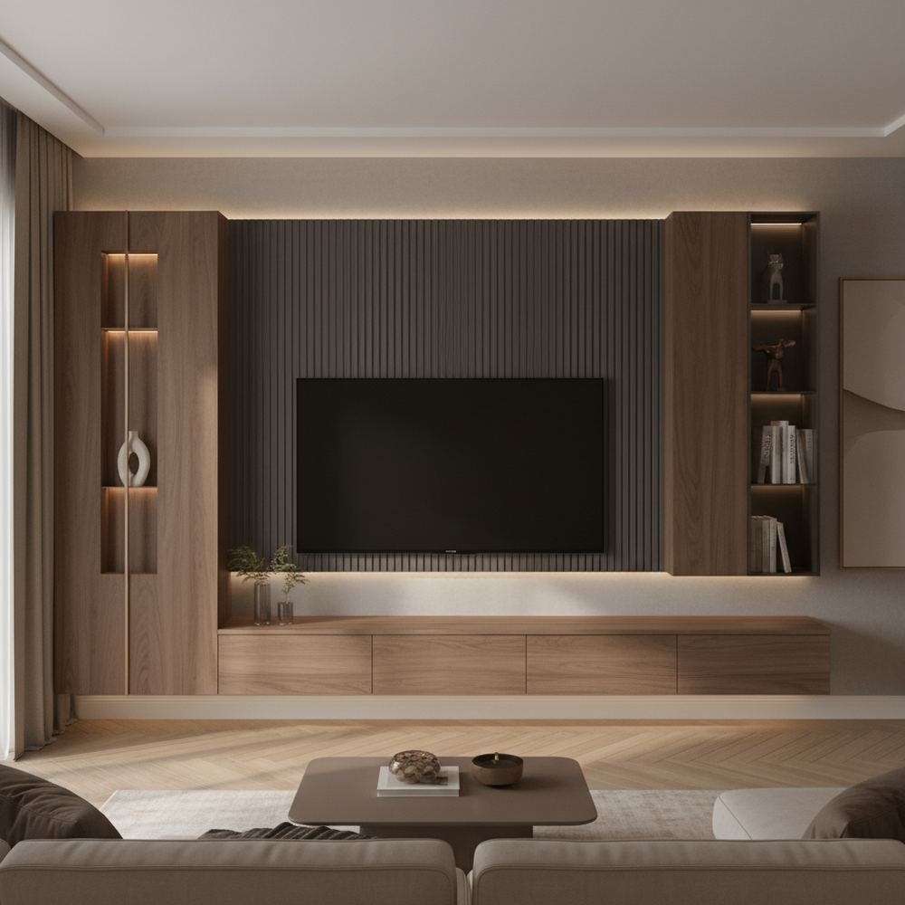 Modern walnut bronze floating tv unit with suede finish by Grains Home Pakistan