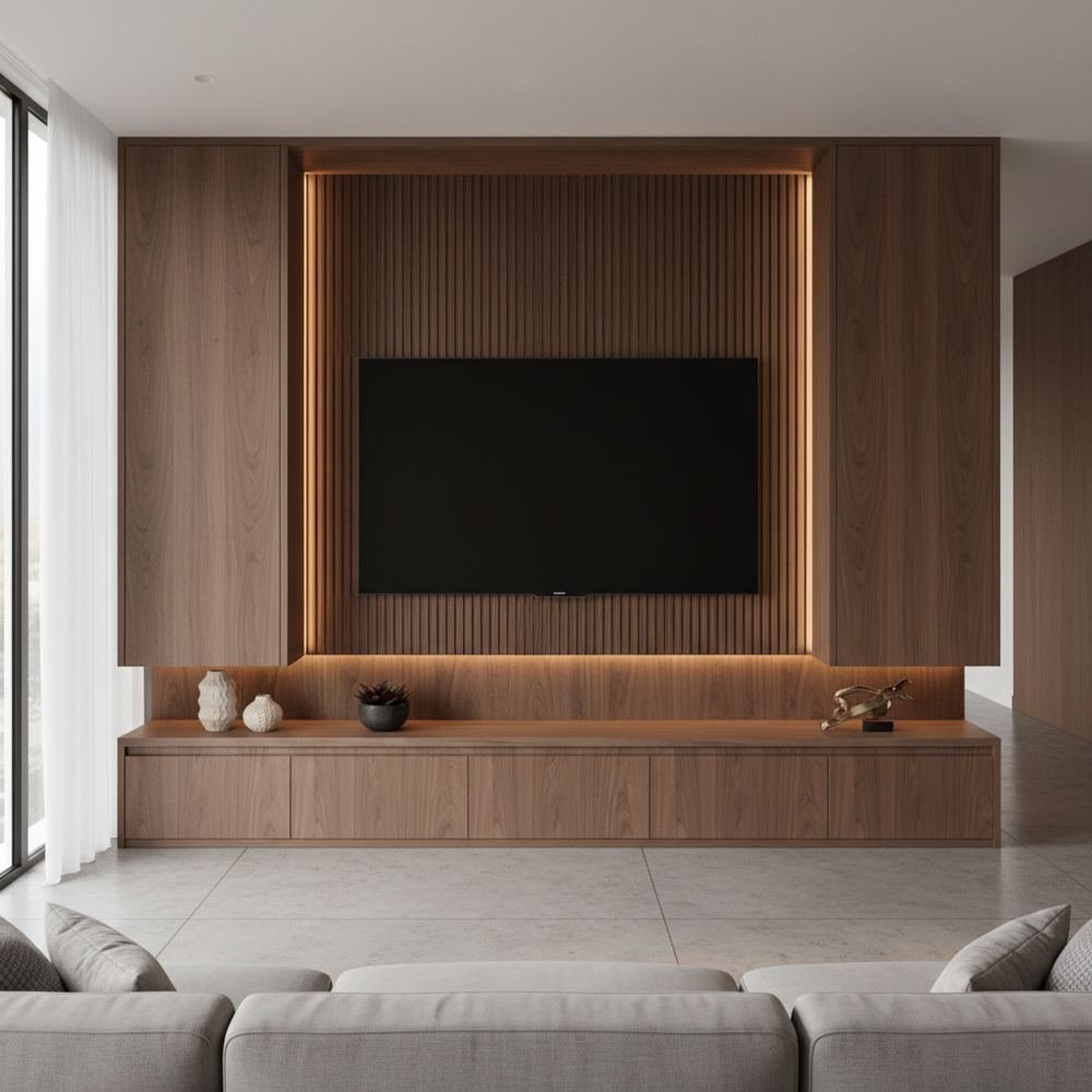 Modern walnut brown floor standing tv unit by Grains Home Pakistan