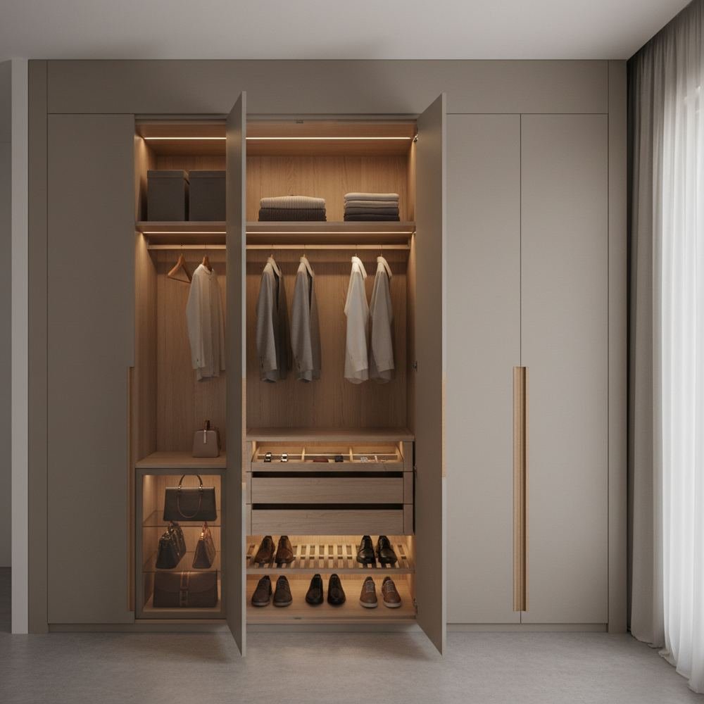 Minimalist taupe 4 door swing wardrobe with tall shutters by Grains Home Pakistan