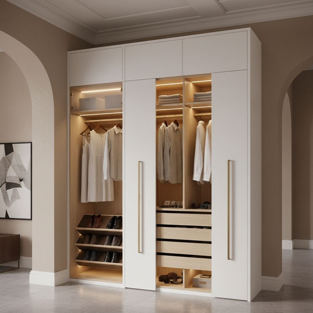 Minimal white 2 door swing wardrobe with drawer storage by Grains Home Pakistan