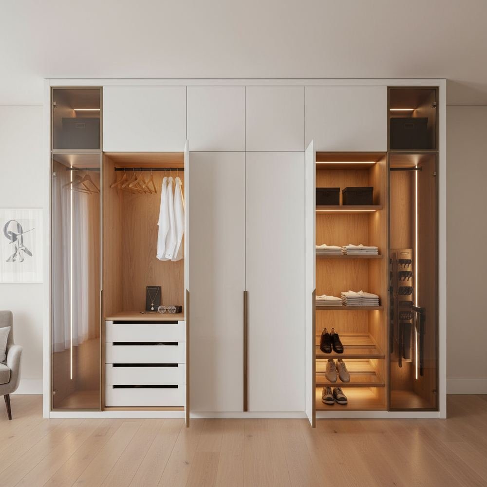 Minimal white 6 door swing wardrobe design by Grains Home Pakistan
