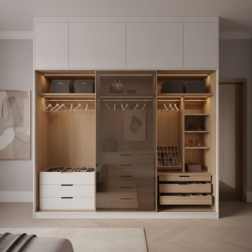 Minimalist white sliding wardrobe with mirror storage by Grains Home Pakistan