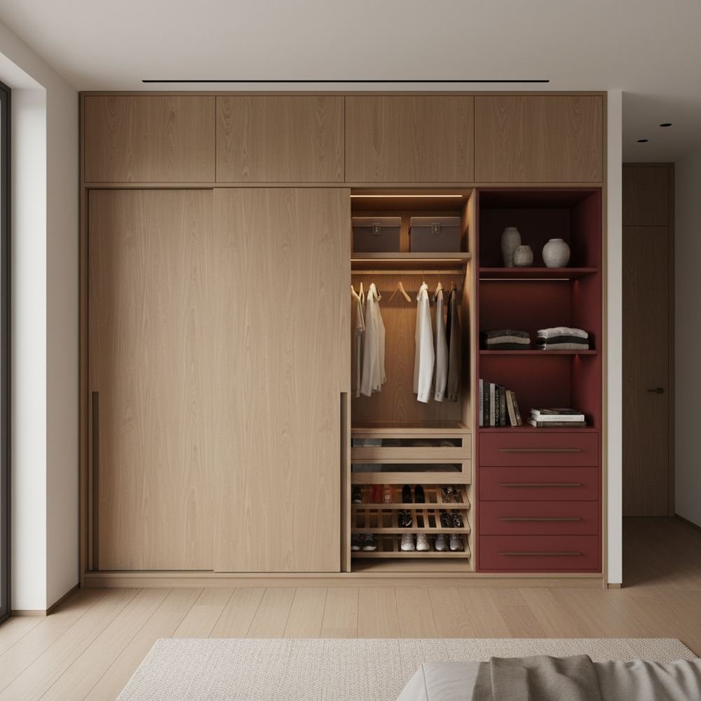 Minimal wooden sliding door wardrobe design with red open by Grains Home Pakistan