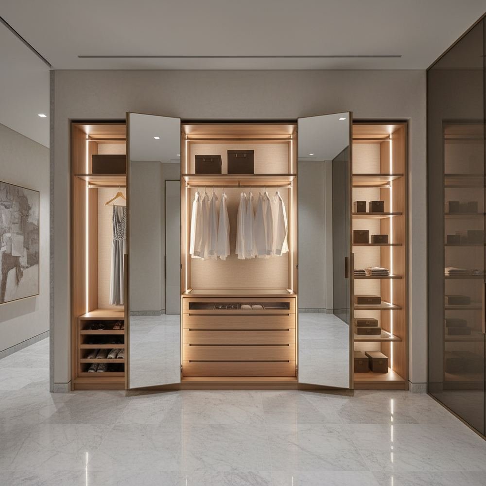 Minimalist metallic silver 5 door swing wardrobe by Grains Home Pakistan