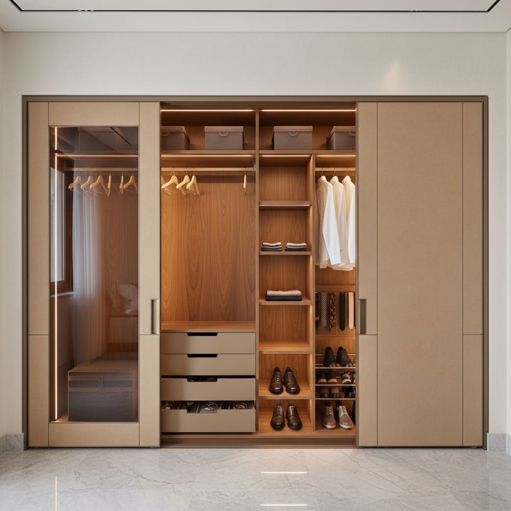 Minimalist champagne 2 door sliding wardrobe by Grains Home Pakistan