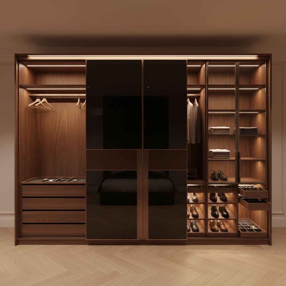 Modern brown black glossy sliding door wardrobe by Grains Home Pakistan