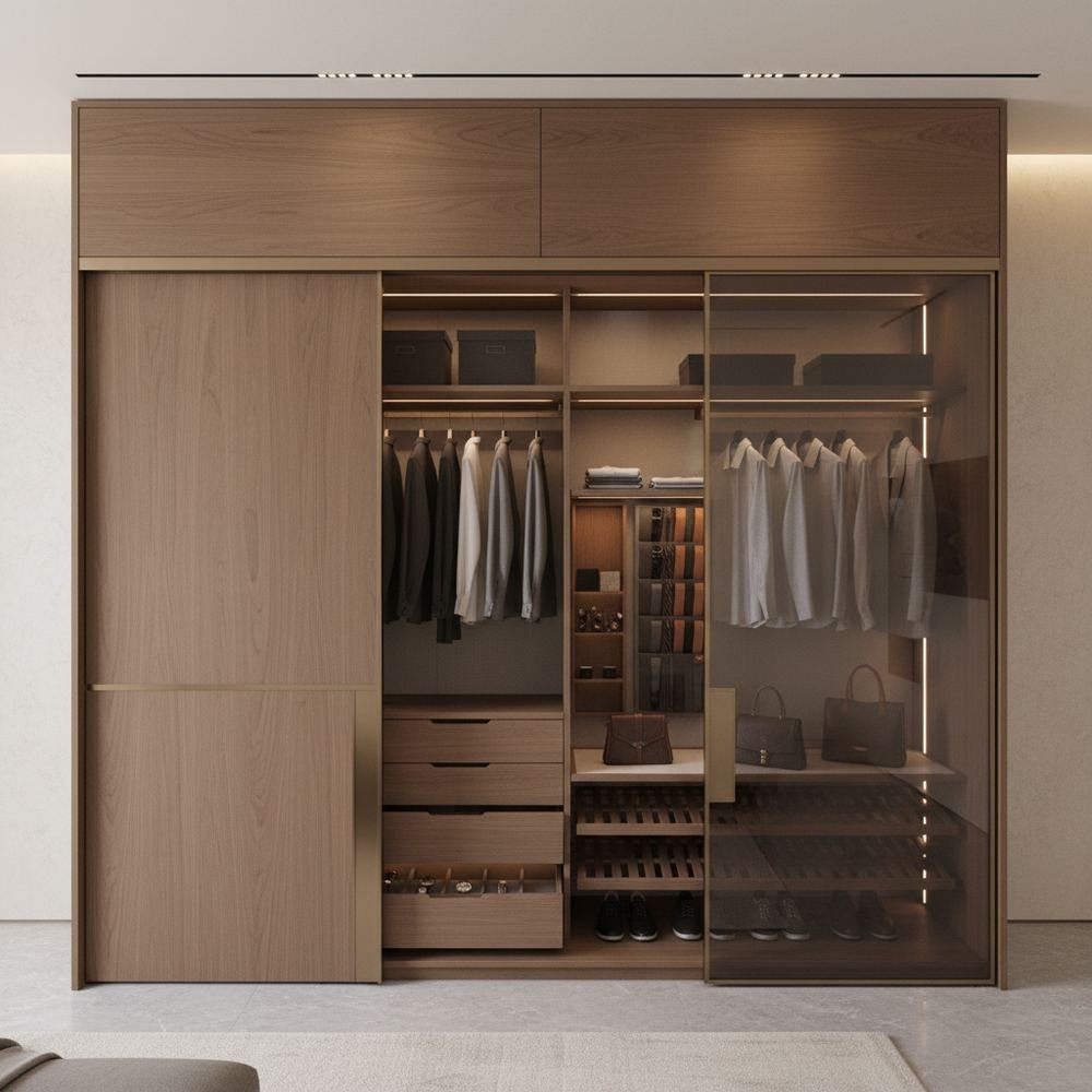 Modern brown white sliding 2 door wardrobe with mirror by Grains Home Pakistan