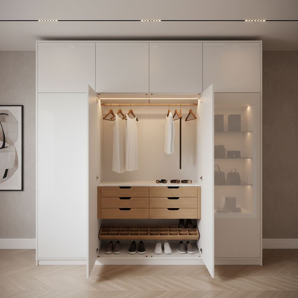 Minimal frosty white 4 door swing wardrobe design with by Grains Home Pakistan
