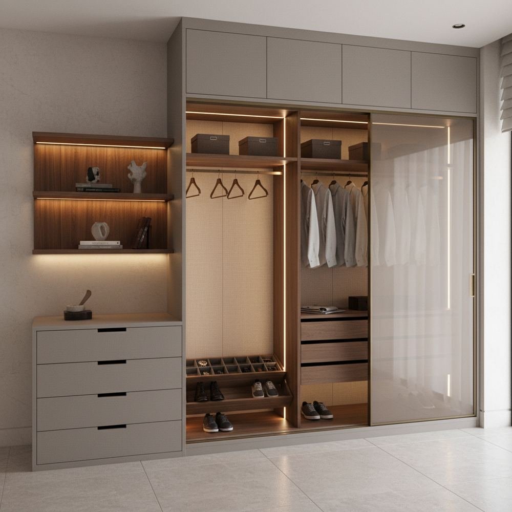 Minimal light grey 2 door sliding door wardrobe design by Grains Home Pakistan