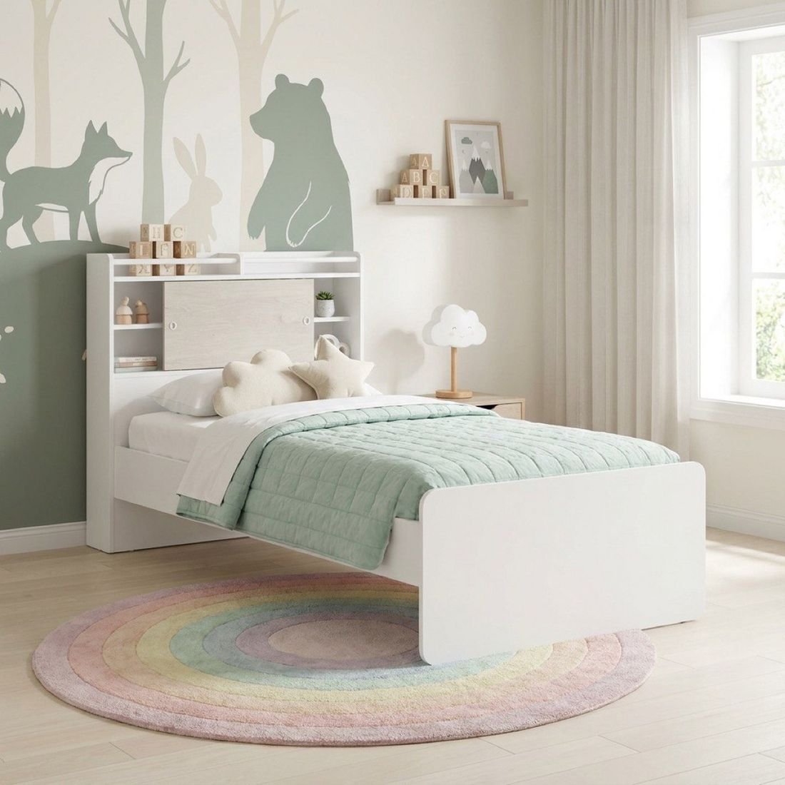 Ivory Single Bed with Sliding Storage Headboard by Grains Home Pakistan