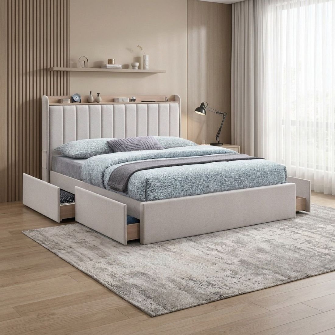 Ruby Linear Smart Upholstered Queen Bed by Grains Home Pakistan